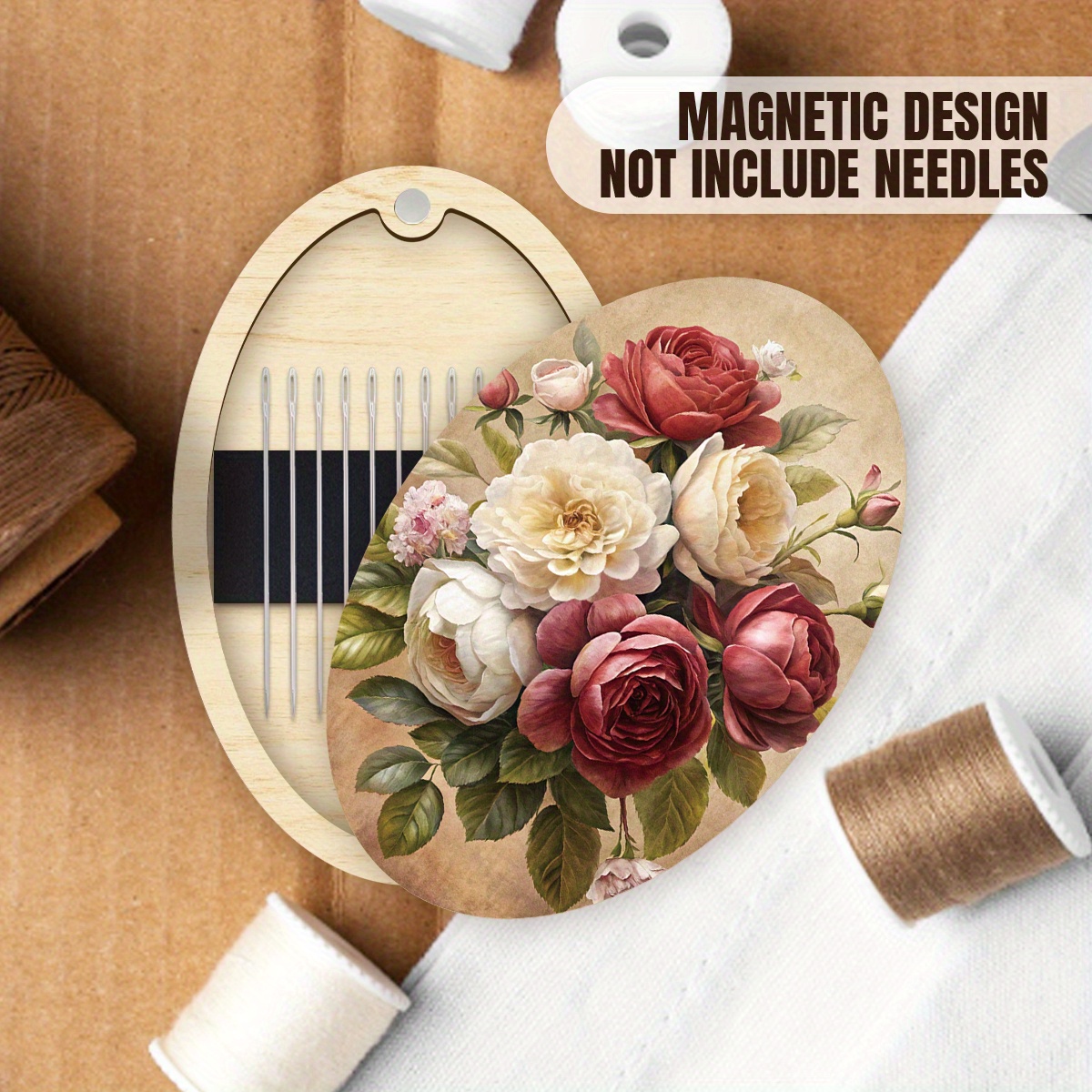 1 set wooden magnetic needle case floral print oval design exquisite flower illustrations ideal for embroidery thread and supplies storage mixed colors durable wooden construction sewing storage
