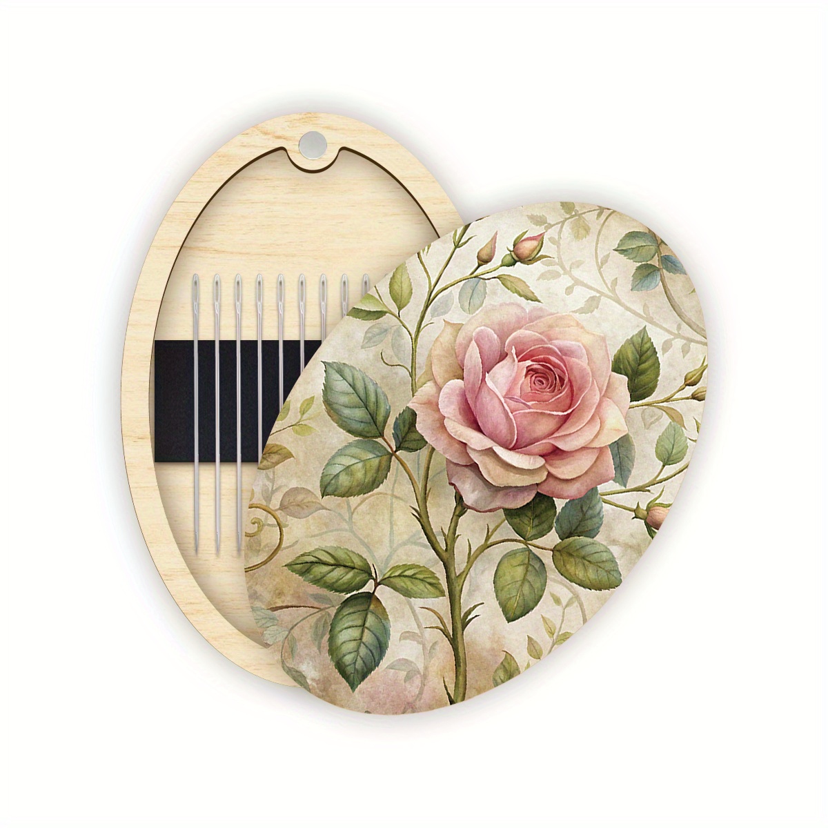 TEMU Single Wooden Needle Case Featuring A Floral Oval Design, Perfect For Storing Embroidery Threads And Supplies, Made From Sturdy Wood, Ideal For