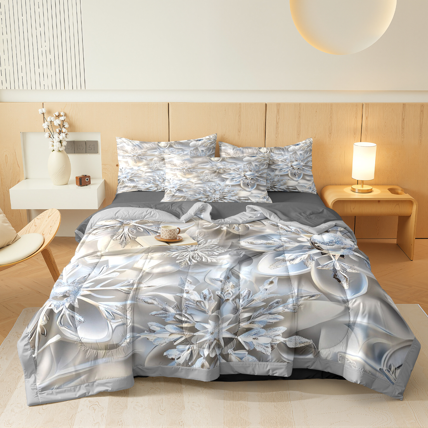 TEMU 3pcs (1 Thin Quilt   2 Pillowcases) Snow - Flake Pattern Thin Quilt Set, Soft And Breathable Microfiber Fabric, All - Season Use, High - Quality