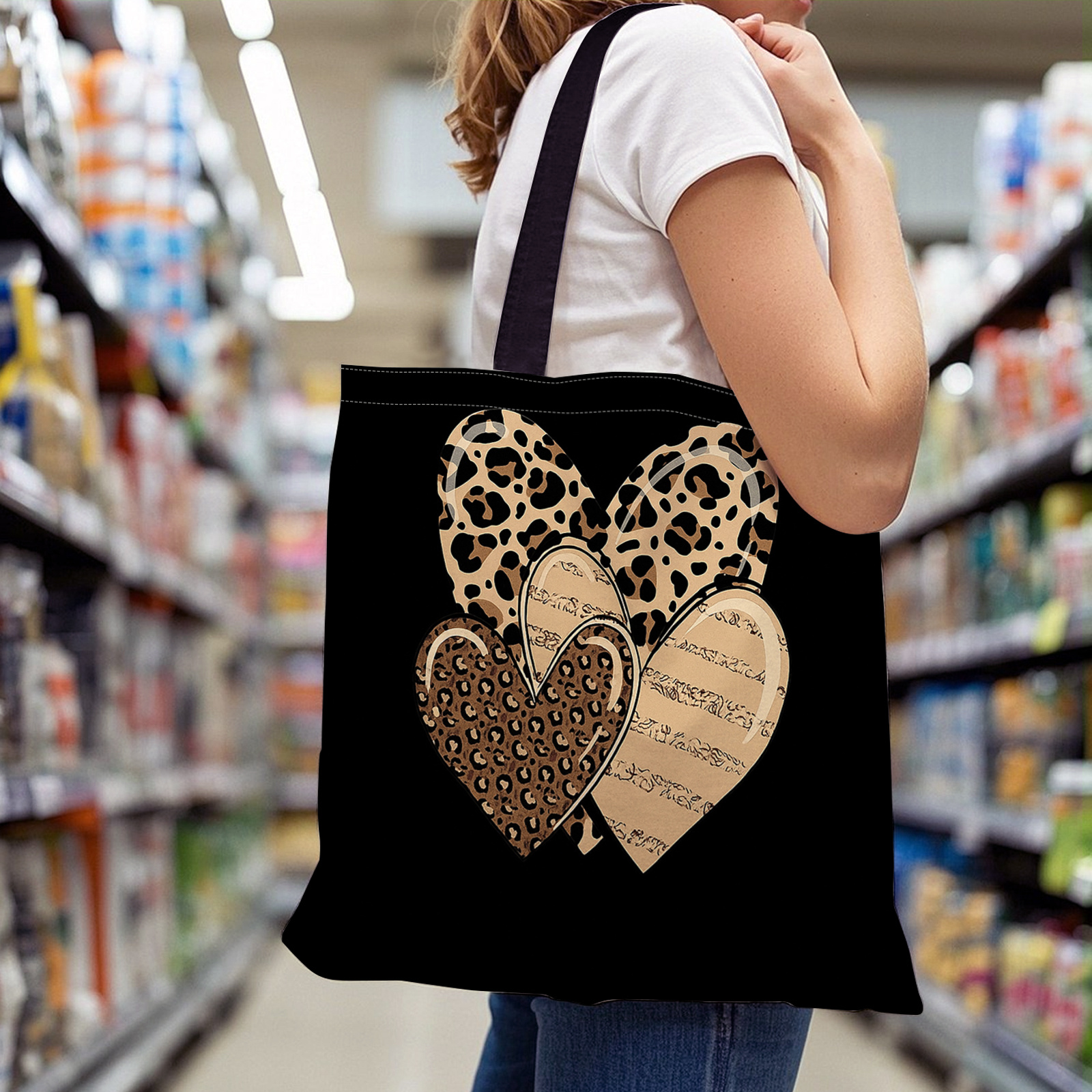 TEMU 1pc Bag Heart, Leopard Print, Pattern Suitable For Daily Commuting, Shopping, Use, Travel And Leisure, Etc., Featuring And Machine - Washability
