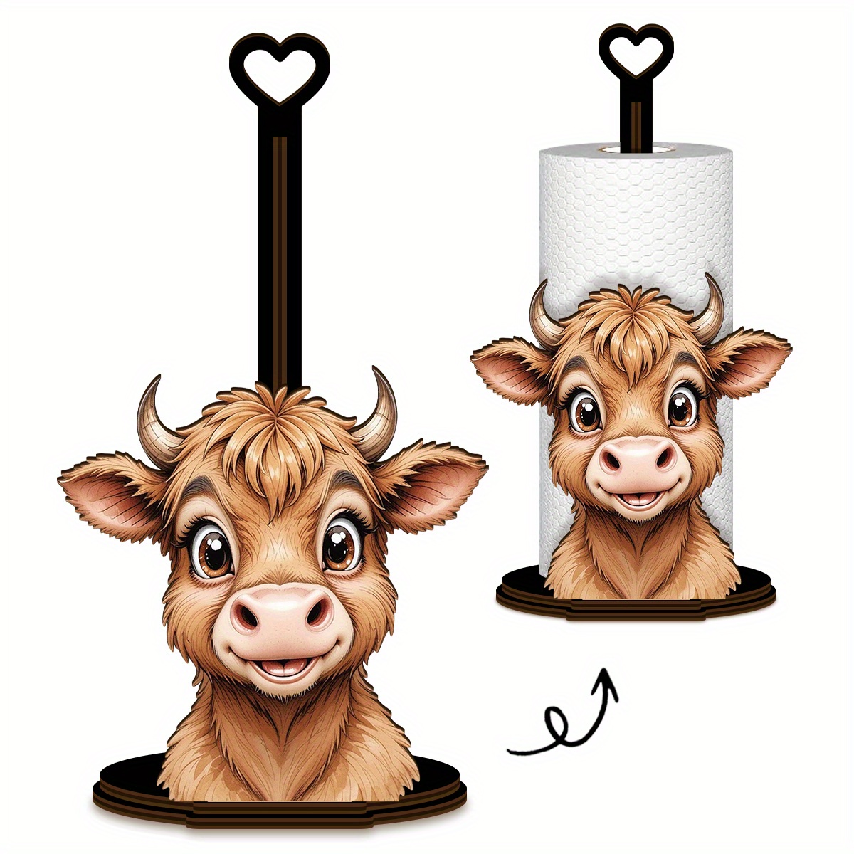 A Paper Towel Holder Made Of Wood, Designed In Of A Highland Cow, Serves As A Kitchen Storage Rack That Needs To Be Assembled To Use, Ideal For Organizing Kitchen Supplies And Dining Area Paper Towels