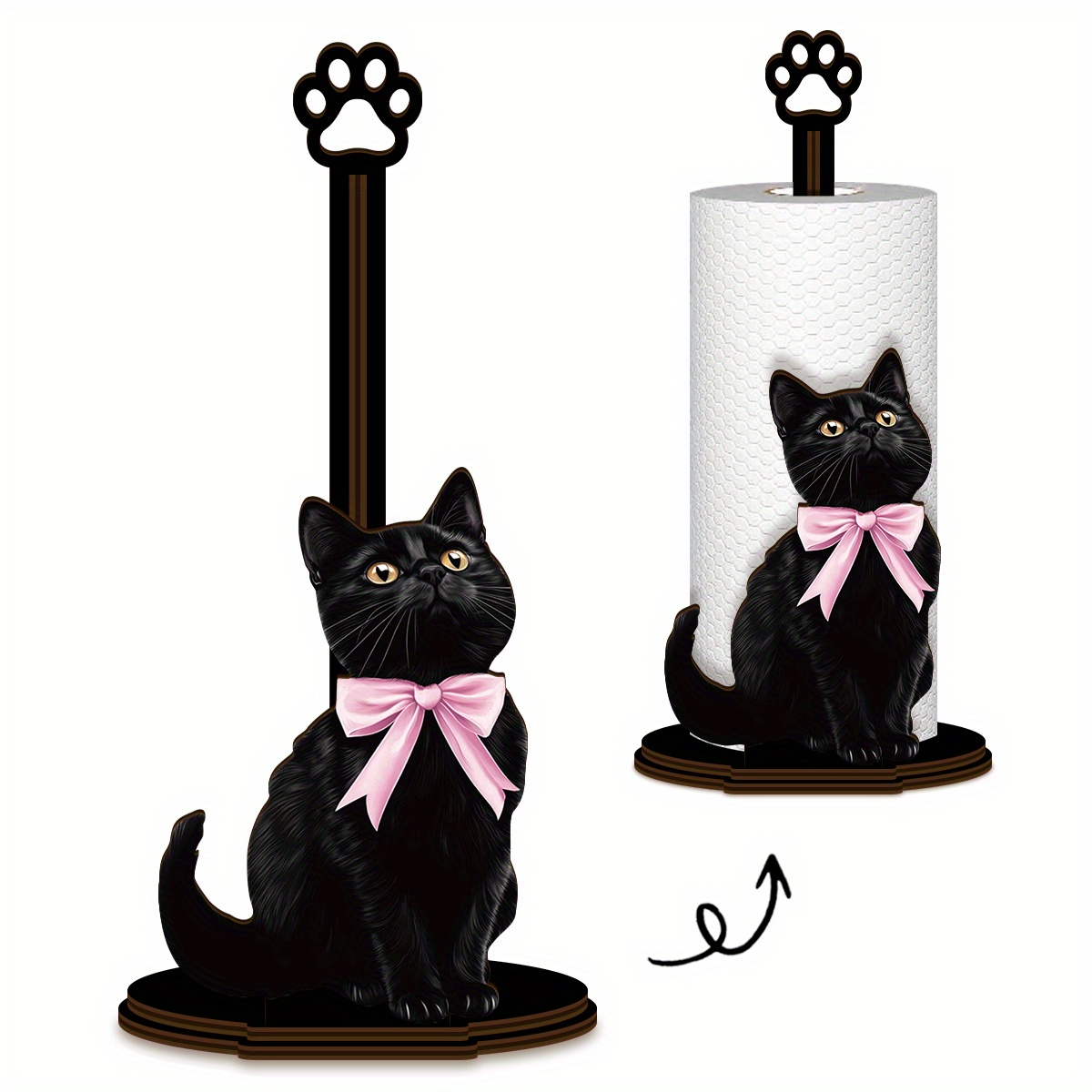 TEMU Black Cat Shaped Kitchen Paper Towel Holder, Wooden Kitchen Paper Towel Holder, Single Layer Dishcloth Holder, Standing Kitchen Paper Towel