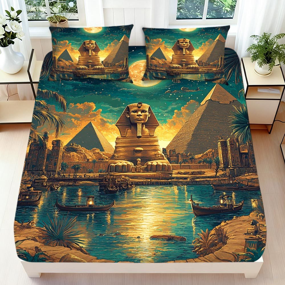 TEMU Molalala 2/3pcs 2d Flat Egyptian Themed Fitted Sheet Set, Featuring An Egyptian Style Bedding Collection That Includes 1 Fitted Sheet And 1