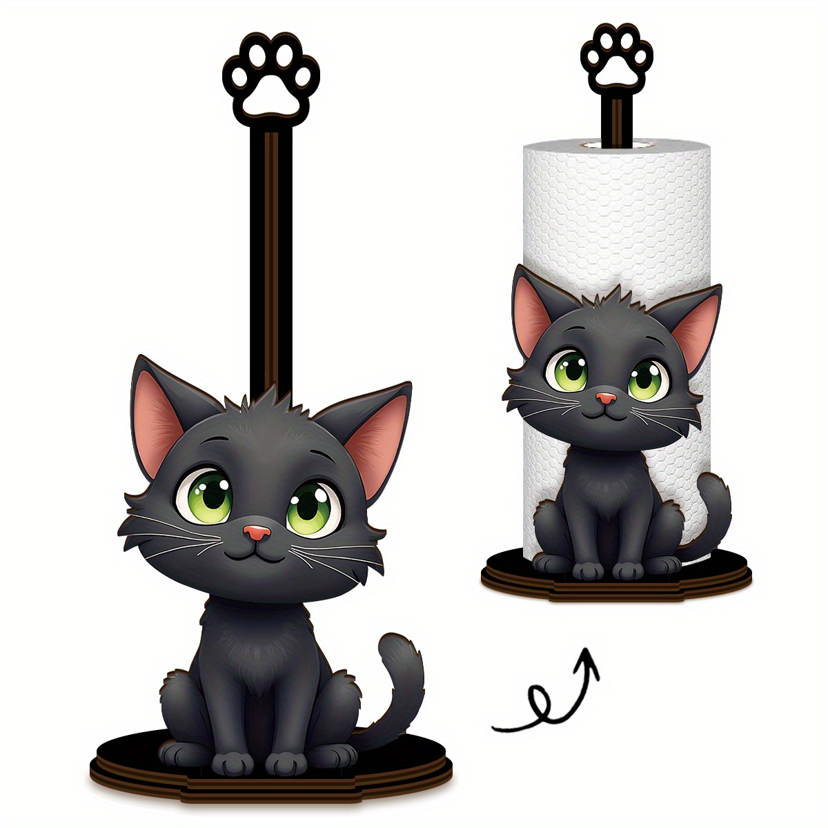 TEMU Black Cat Shaped Kitchen Paper Towel Holder, Wooden Kitchen Paper Towel Holder, Single Layer Dishcloth Holder, Standing Kitchen Paper Towel
