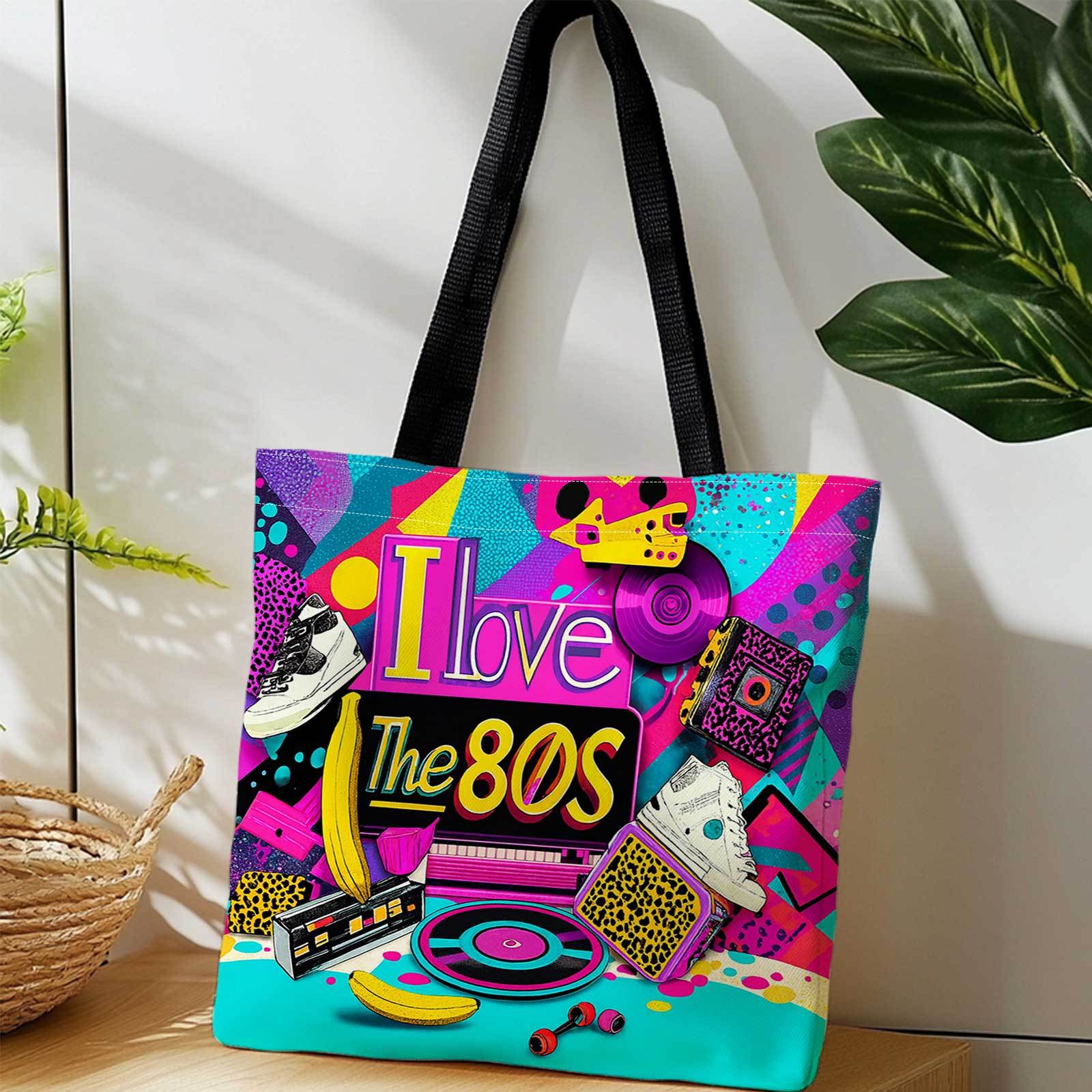 TEMU 1pc Double-sided Printing Printed Shopping Tote Bag + I , Icon, Vintage Design, Bright Colors. + Lightweight Foldable, Reusable Shoulder Back