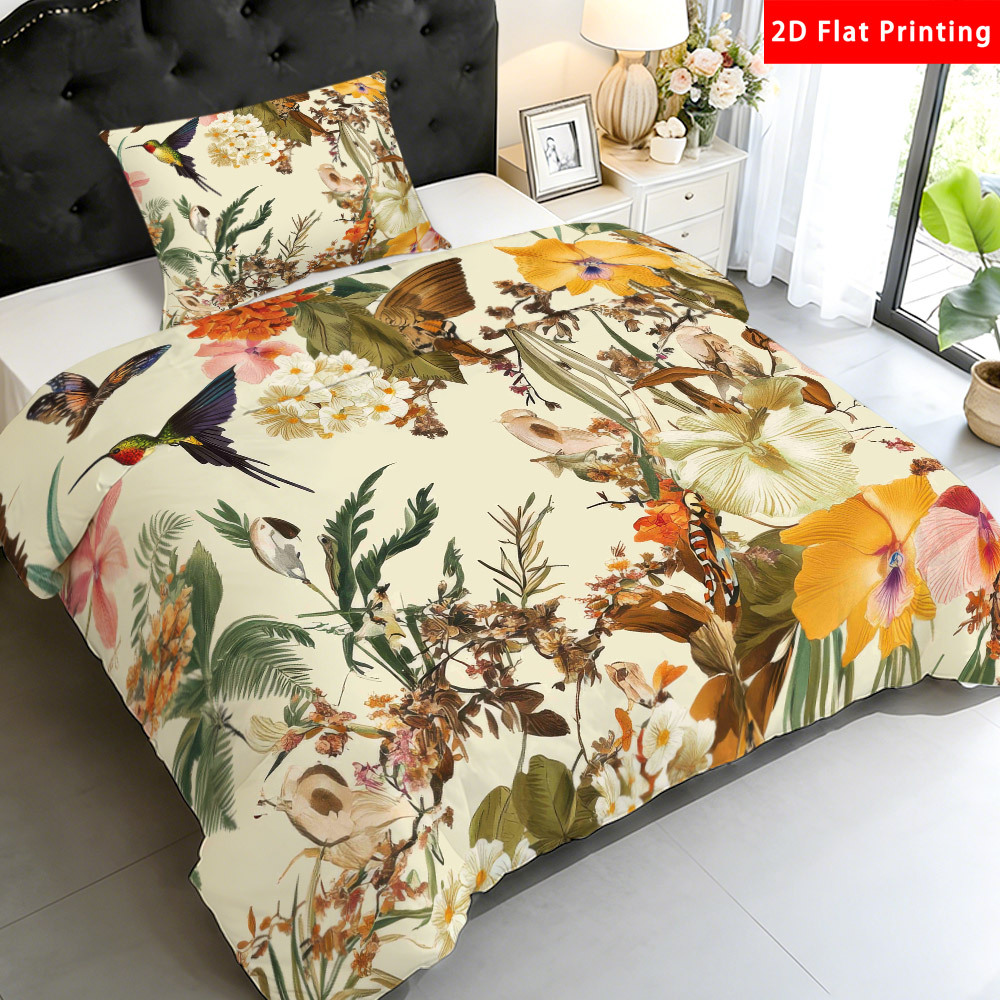TEMU Latacaca 2/3pcs 2d Flat Tropical Floral And Hummingbird Duvet Cover Set Tropical Floral Bedding Set Quilt Cover 1 Duvet Cover   1/2 Pillowcases