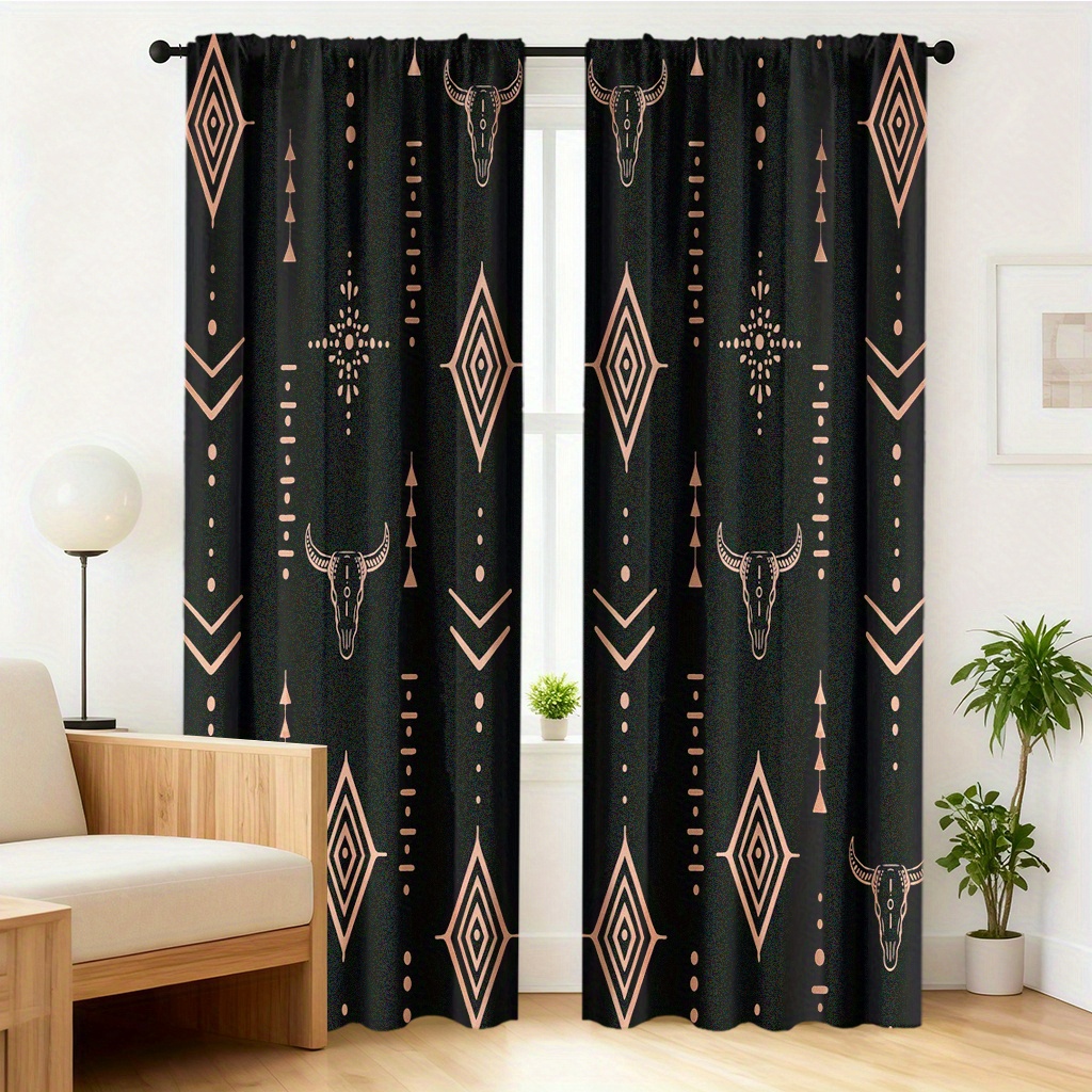 TEMU 2D Plat - Ensemble de deux rideaux 2D Plat avec un motif géométrique de tête de de diamant, fabriqués en polyester lavable qui bloque , idéaux