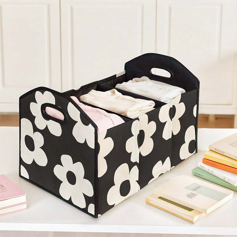 TEMU Simple Floral Print Multi-functional Car Organizer, Foldable Trunk Storage Box With Compartments For Vehicle Storage And Organization