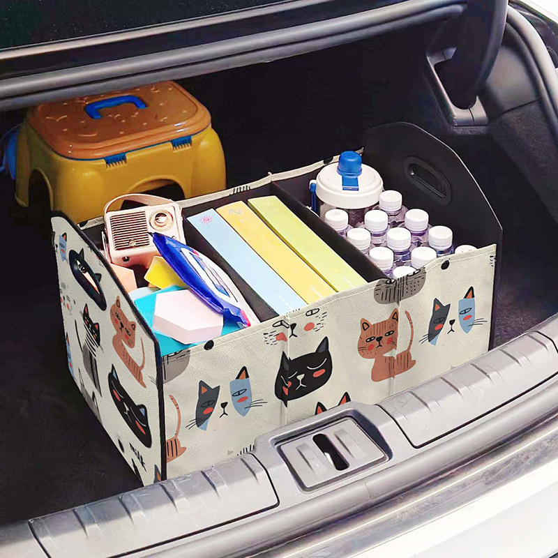 TEMU 고양이 패턴 프린트가 있는 다기능 차량용 수납함, 차량 보관 및 정리를 위한 칸막이가 있는 접이식 트렁크 정리함