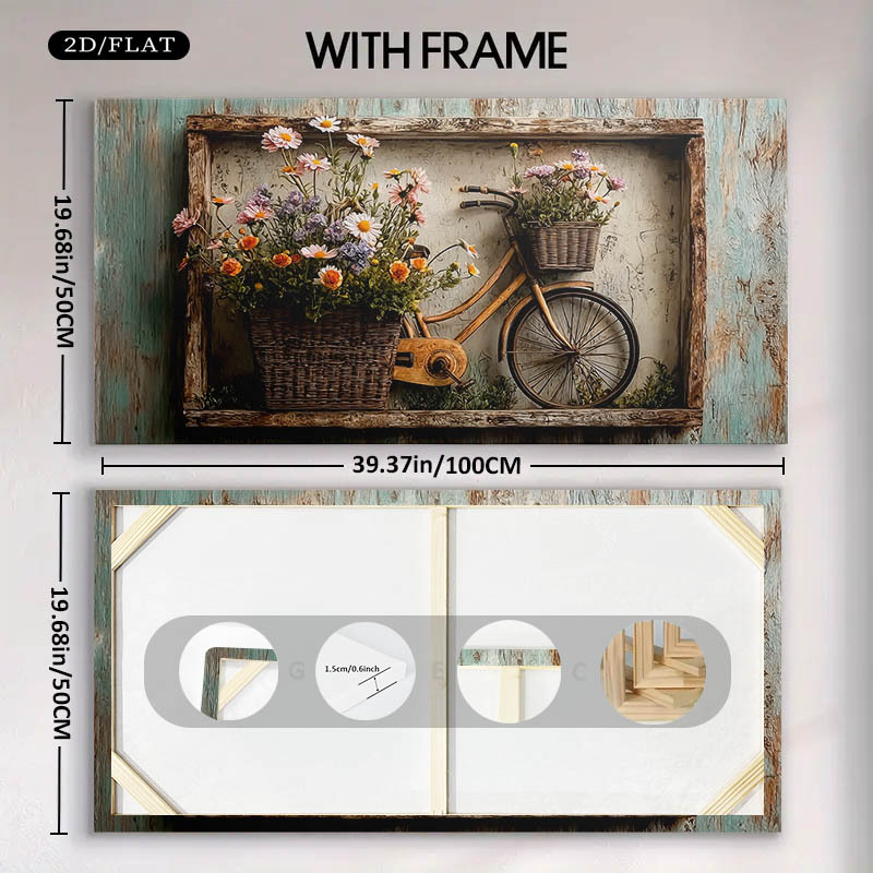 TEMU 2d Flat, 2d Flat, 1pc Framed Large Canvas Artwork Featuring A Floral Bicycle Design, Measuring 19.68 By 39.37 Inches Or 50 By 100 Centimeters.