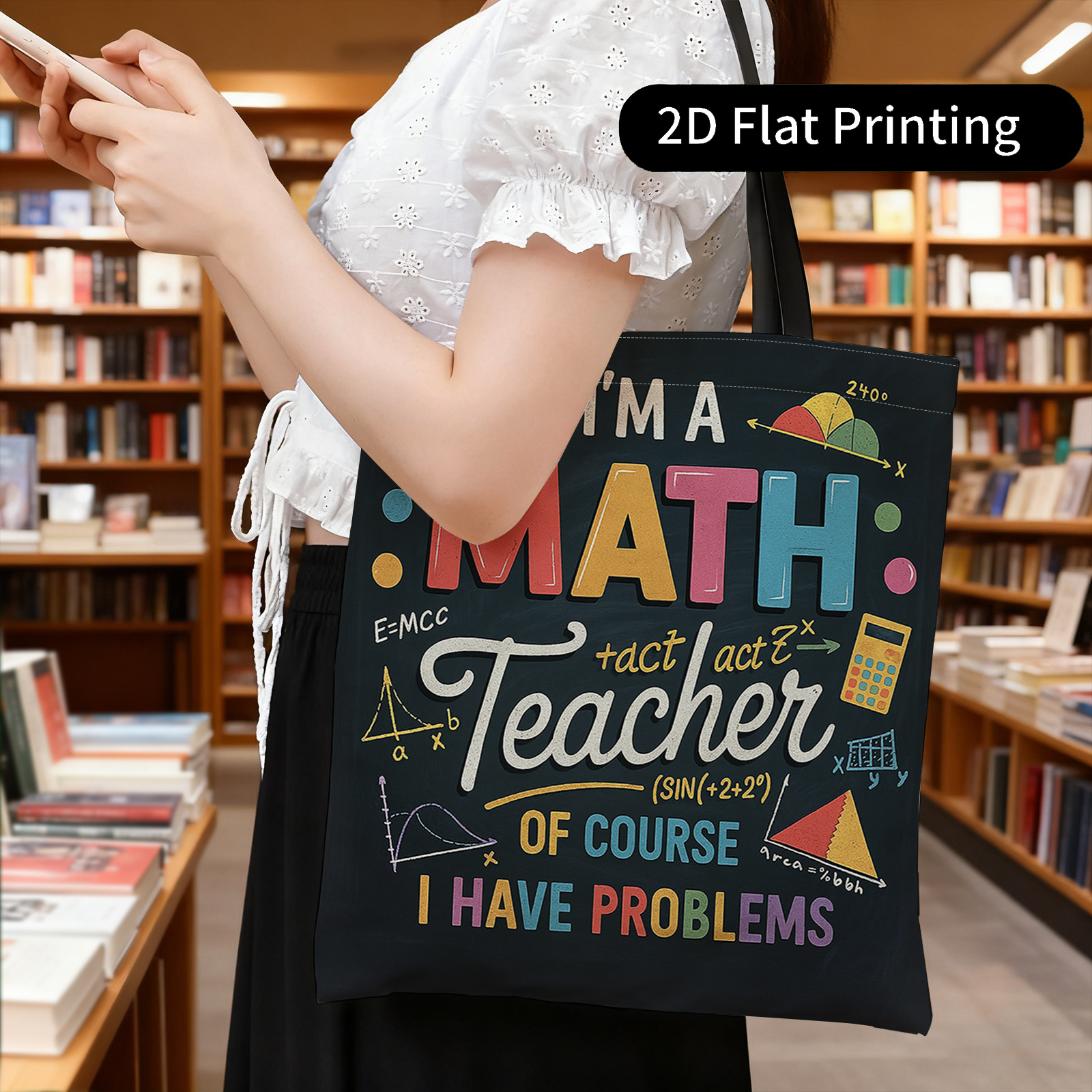 TEMU 1pc Double Sided Printed Handbag math Teacher, Problems, Chalkboard Designportable Shopping Bag, Storage Bag, Shoulder Bag, Multifunctional Tote