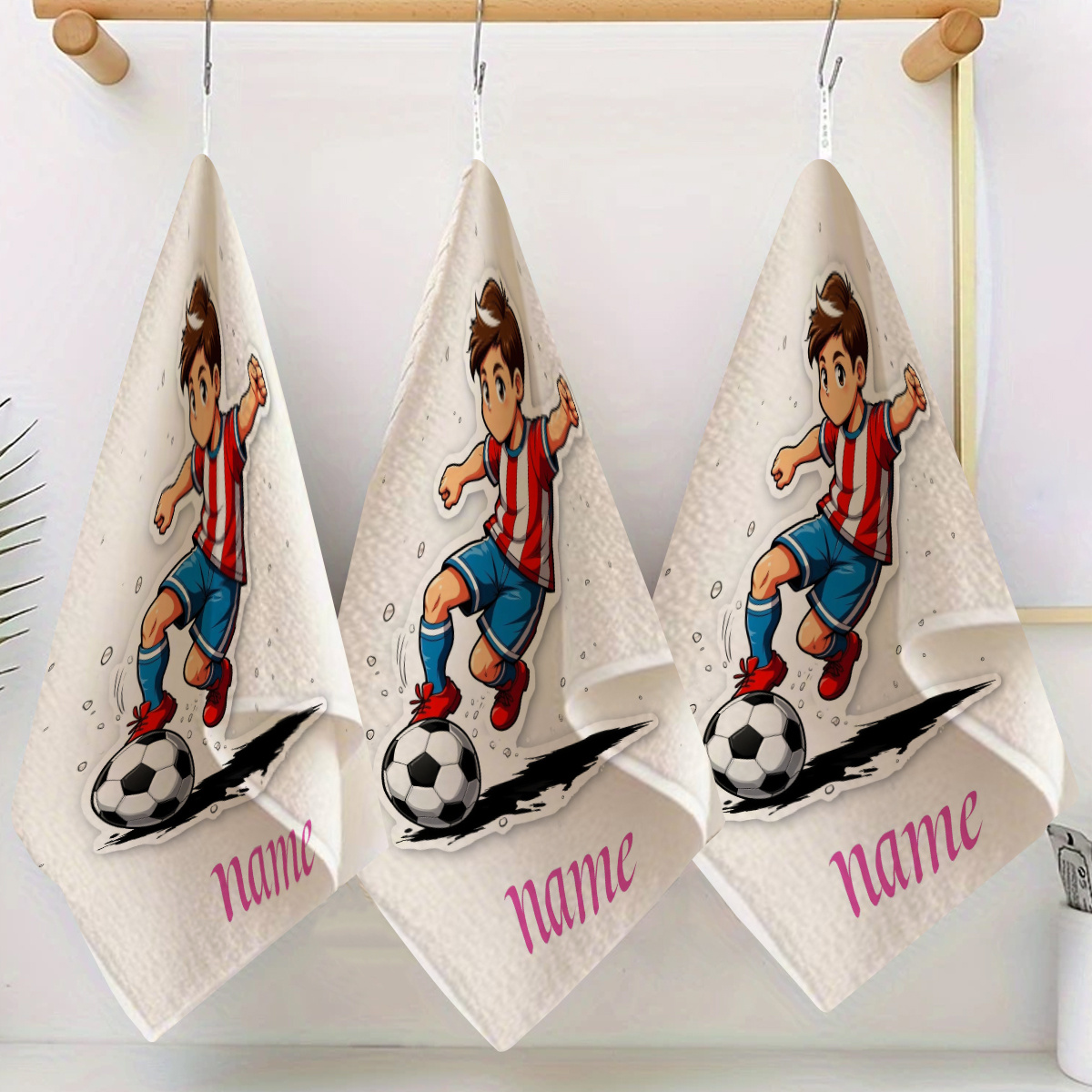 TEMU 1pc, Personalized Name Towel, Cartoon Soccer Pattern Anime Fingertip Towel, Striped Design, Bathroom Towel, Absorbent Quick-dry Towel, Nordic