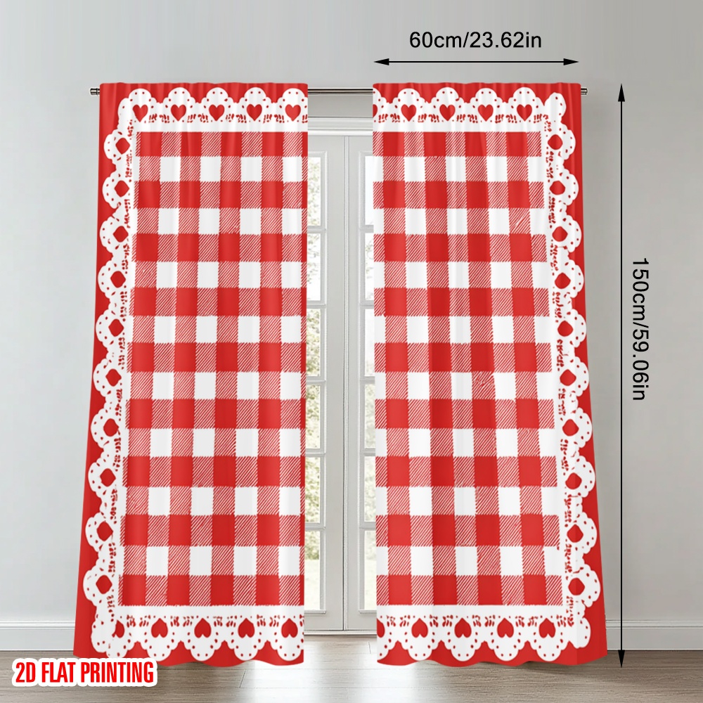 TEMU 2D Plat - Rideaux de scène 2D Plat Imprimés 2pcs Saint-Valentin Cœur à Carreaux Imprimé Numérique Polyester Décorations de Fête pour Intérieur