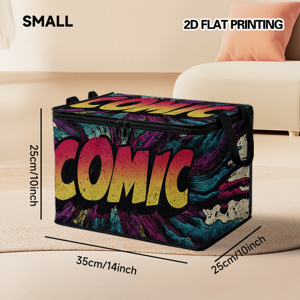flat 2d printed storage bin with a lid featuring a vibrant comic   design offered in multiple sizes ideal for organizing   storing items in bedrooms and seasonal footwear   suitable for moving or temporary storage