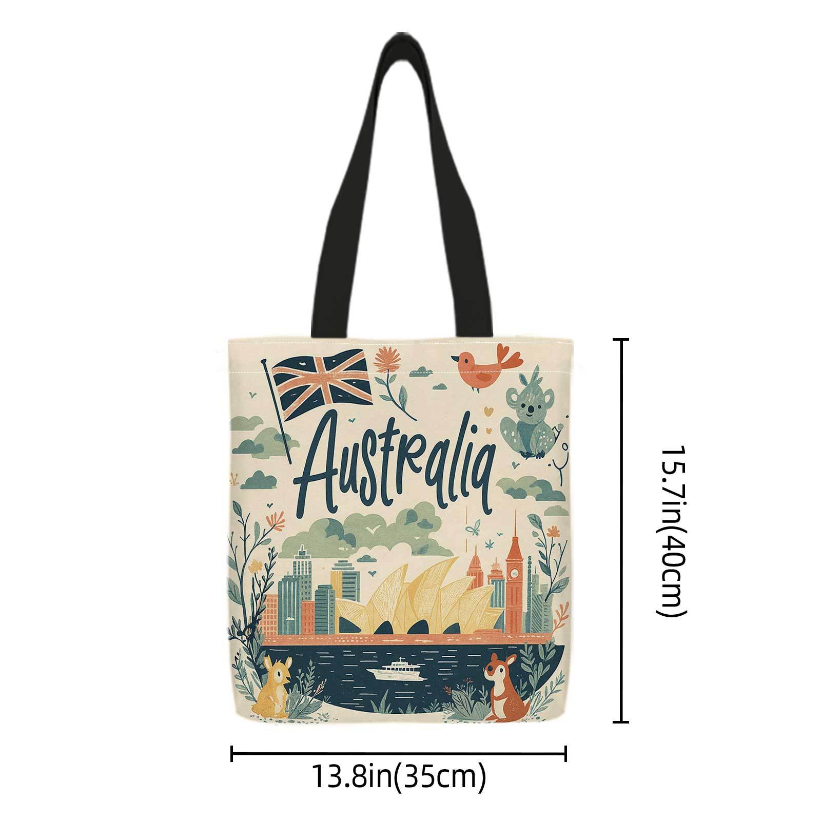 TEMU Double Sided Printed Shopping Tote Bag+australia, Sydney Opera House, Animals, Flag+lightweight, Foldable, Reusable Shoulder Storage Bag For