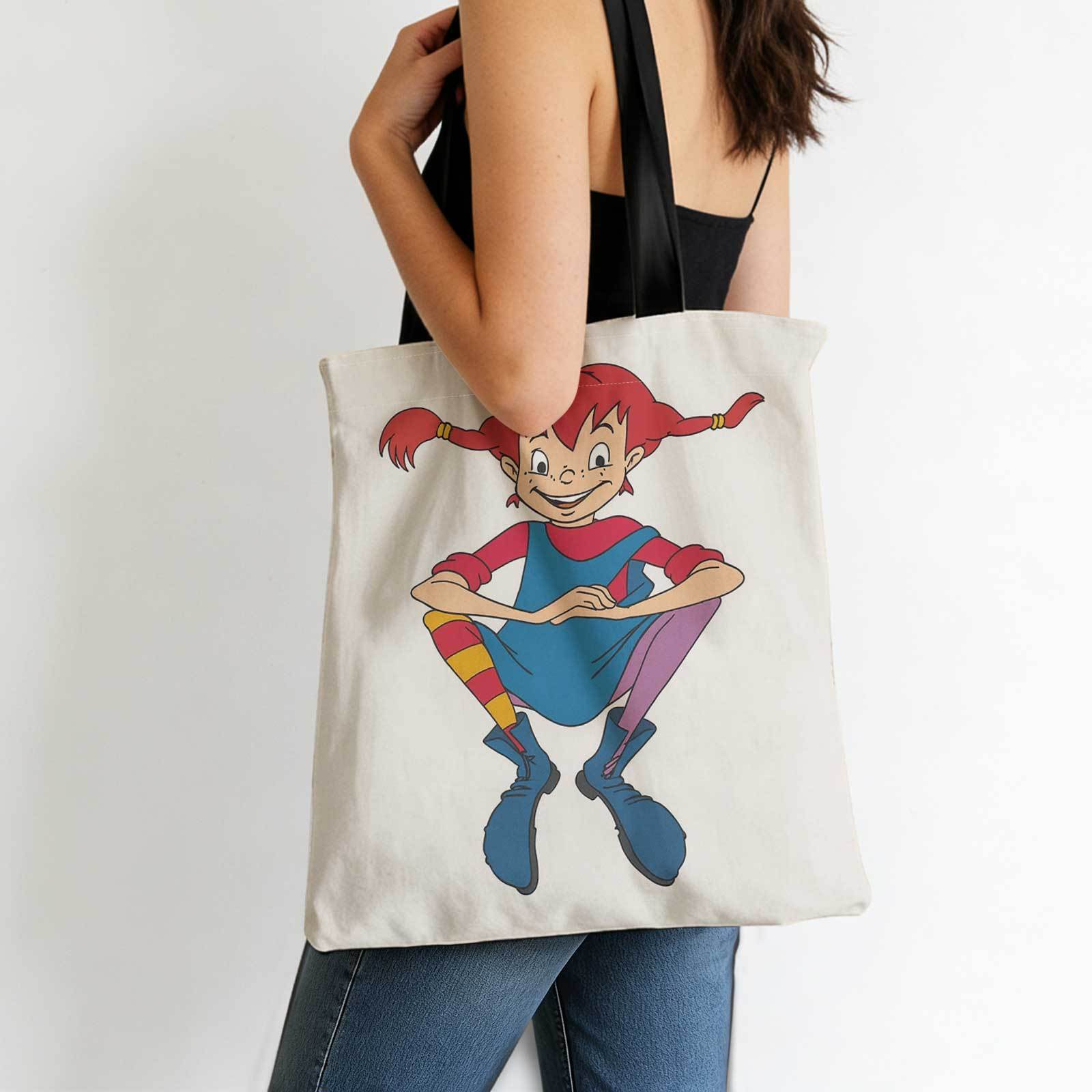 TEMU 1pc -haired Tote Bag - Cute Sitting Print With Red Hair & Multicolor Outfit, Lightweight, Strap For Daily ,, Travel, Shopping - Casual Handbag
