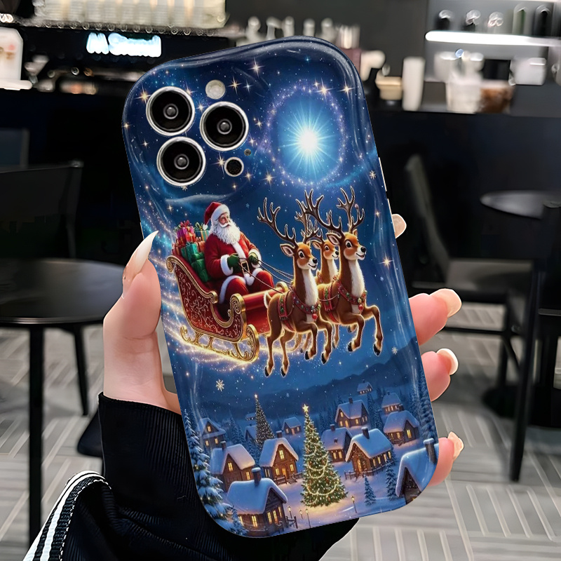 TEMU Phone Case: 1 Christmas Theme Santa Sleigh Reindeer Night Sky Starlight - Cream 2d Design Phone Case; Compatible With Iphone 16, 15, 14, 13, 12,