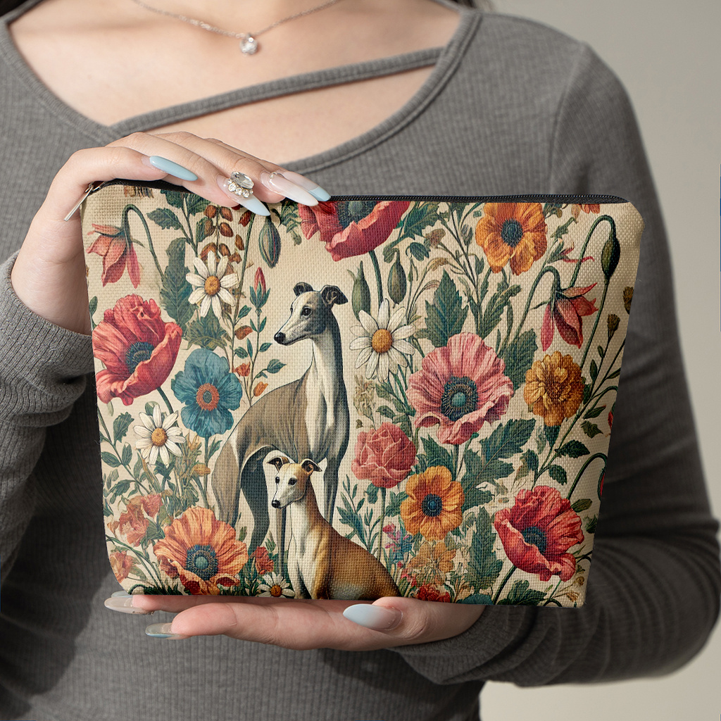 TEMU A Makeup Bag Featuring 2 Greyhounds Standing Flowers, Made Of Linen, Portable And Foldable, With A Zipper Closure, Suitable For Men And Women,