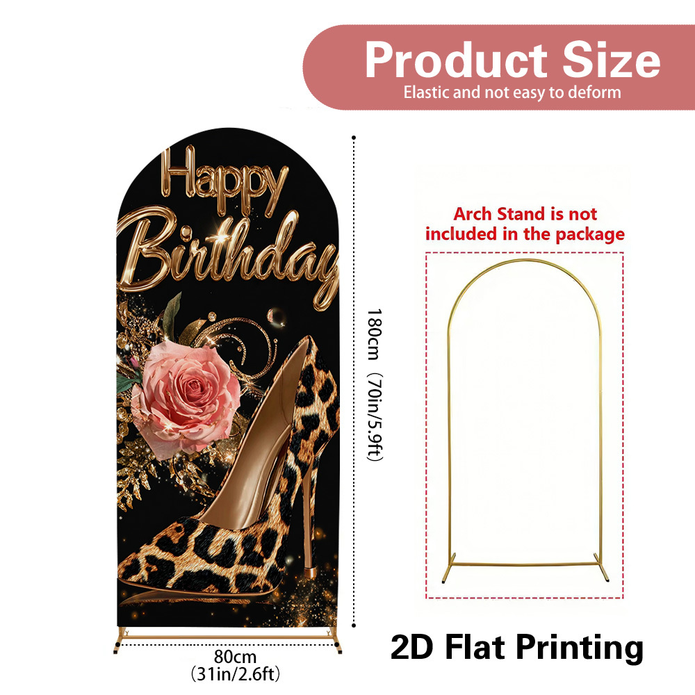 TEMU 2d Flat, Flat Printed 1pc Birthday Leopard High Heel Rose Arch Backdrop Cover, Polyester Fabric, Quick Setup & Reusable, Suitable For Weddings,