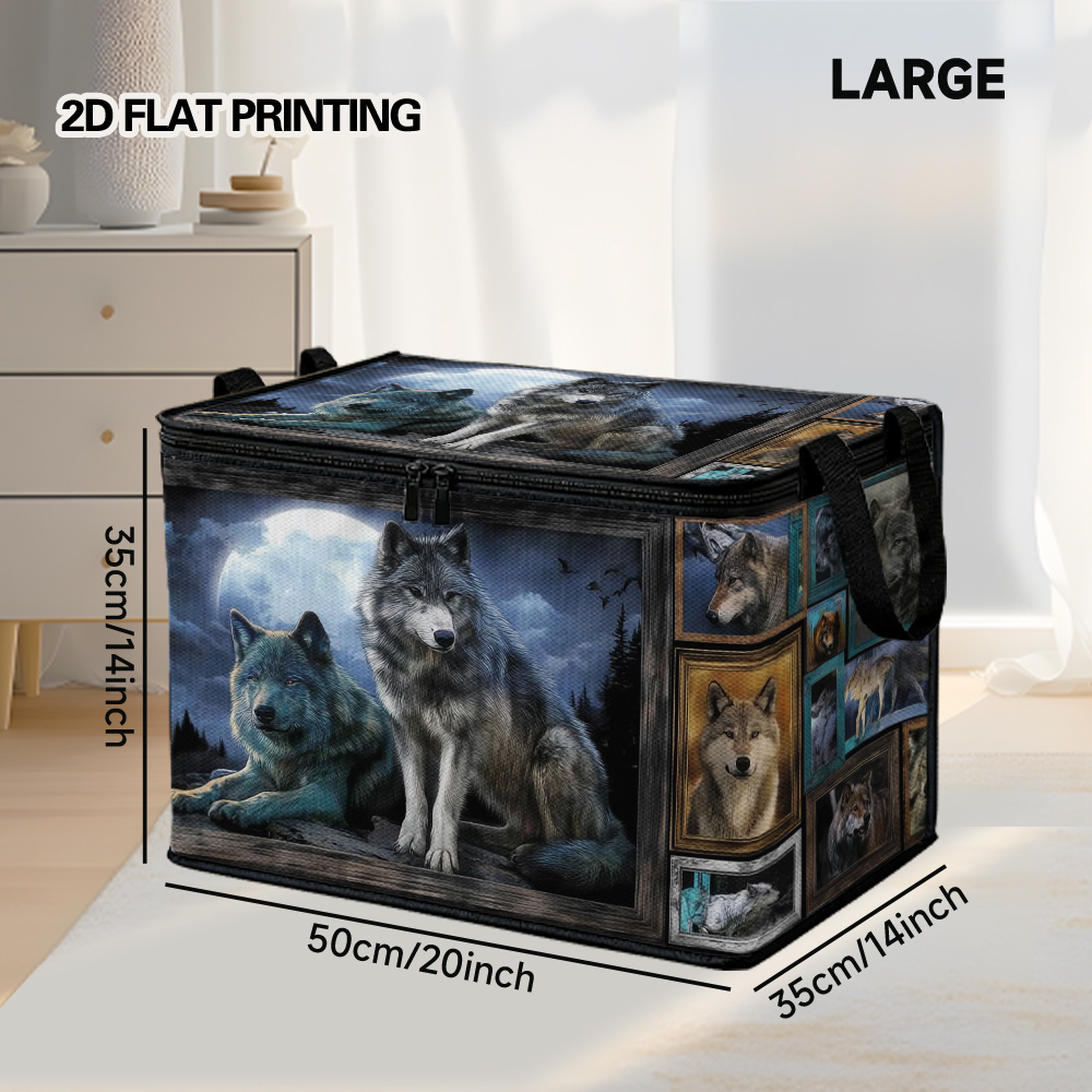 TEMU 2d Flat Printing, 1pc, Wolves Collage Wildlife Design Books Storage Bin With Lid, In Sizes, Suitable For Office Supplies, Living Room Shelf, And