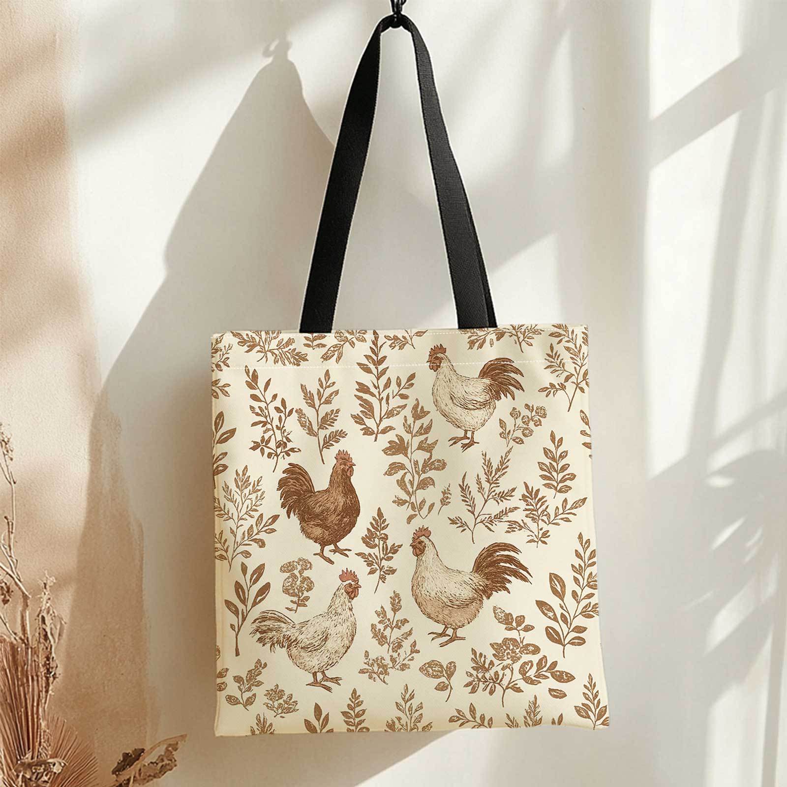 TEMU Sac d'achat imprimé double face + Rustique, Poulets, Motif floral, Vintage + Léger, Pliable, Sac de rangement d'épaule réutilisable pour voyage,