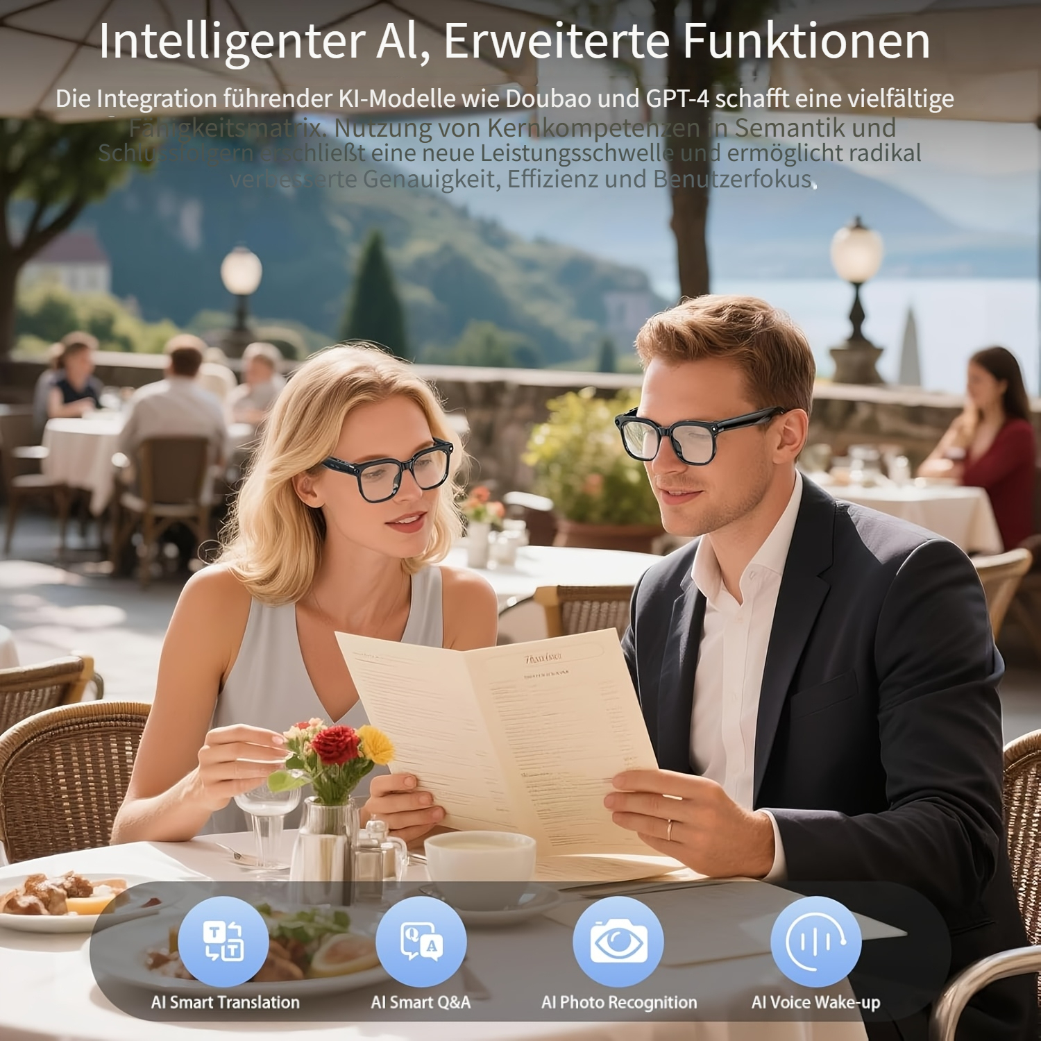 Lunettes intelligentes IA avec caméra 800W, équipées d'enregistrement vidéo anti-tremblement, double fonctionnalité, transmission en temps réel, appel sans fil et assistant vocal IA intelligent. Elles offrent une traduction en temps réel et une reconnaissance d'objets. Ces lunettes polyvalentes