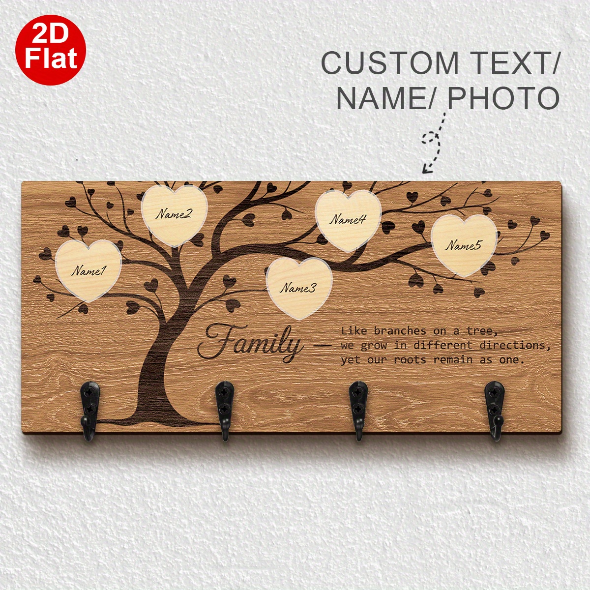 TEMU 1pc 2d Flat Customizable Wooden Key Holder | Personalized Customized Names, Wall Mounted Entrance Hook, Rustic Home Decor For Kitchen, Bathroom,