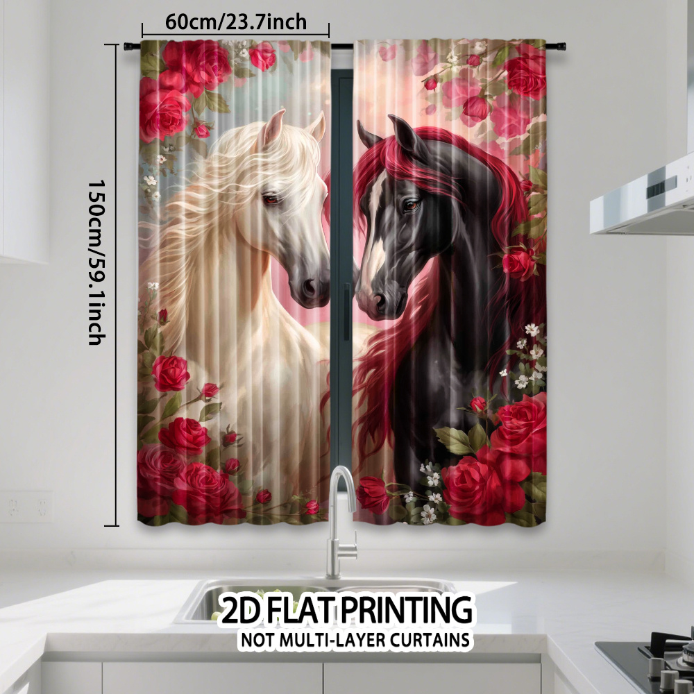 TEMU 2d Flat - 2d Flat - Set Of 2 Curtains Featuring A Romantic Design With Horses And Roses, Designed For Easy Hanging With A Rod Pocket. Made From