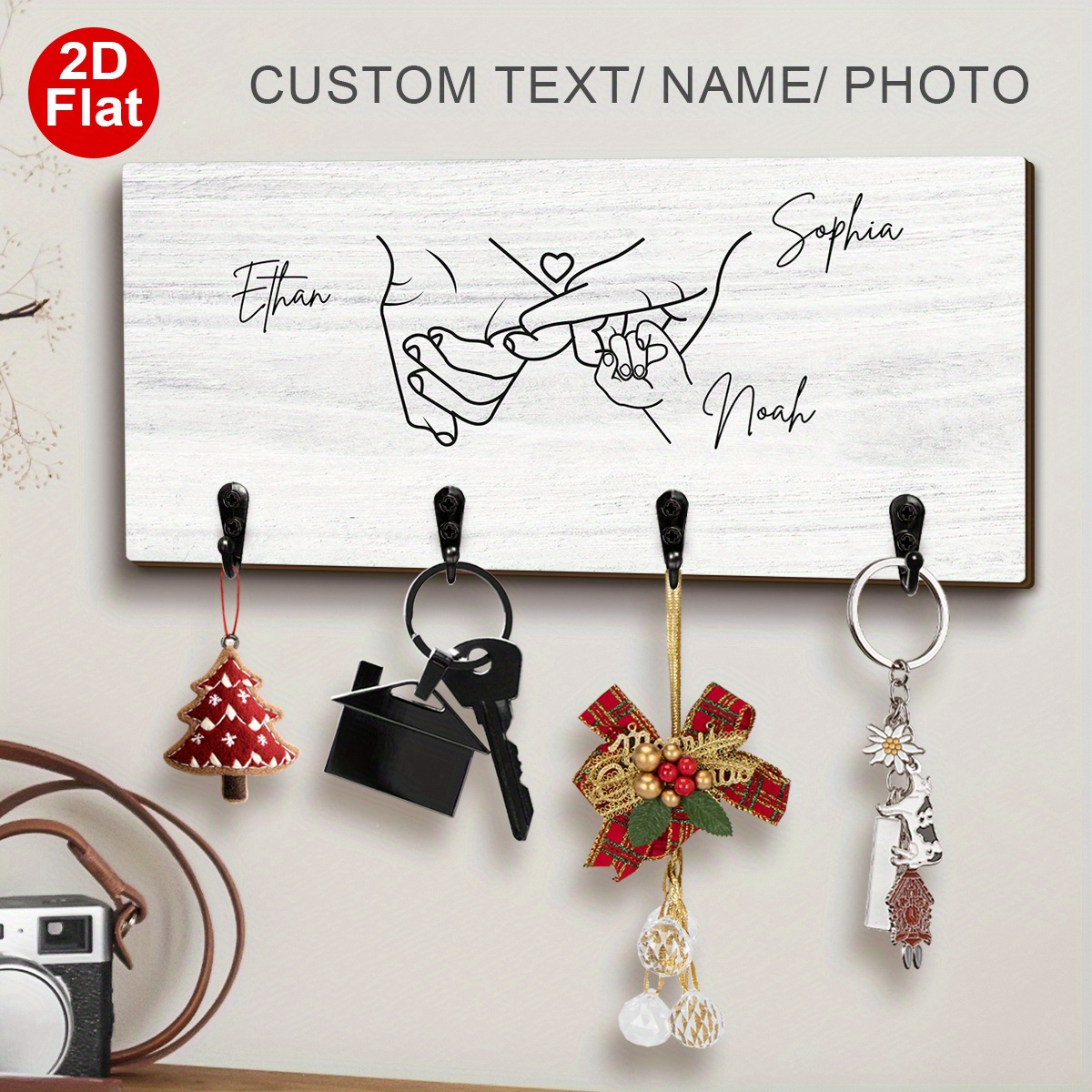 TEMU 1pc 2d Flat Customizable Wooden Key Holder | Hand Holding Pattern, Wall Mounted Entrance Hook, Rustic Home Decor For Kitchen, Bathroom, Bedroom,