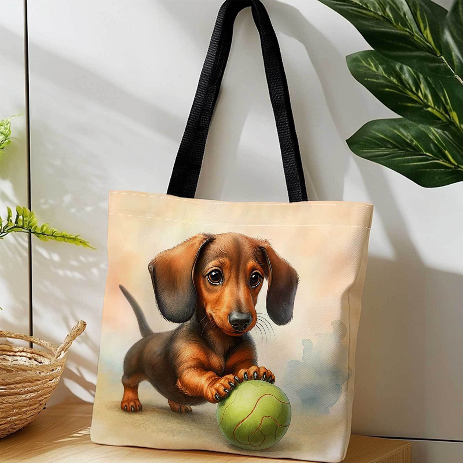 TEMU 1 pièce, Sac cabas de courses imprimé avec motif teckel, ballon et "Fun Hostess". Sac de rangement léger, pliable et réutilisable à bandoulière
