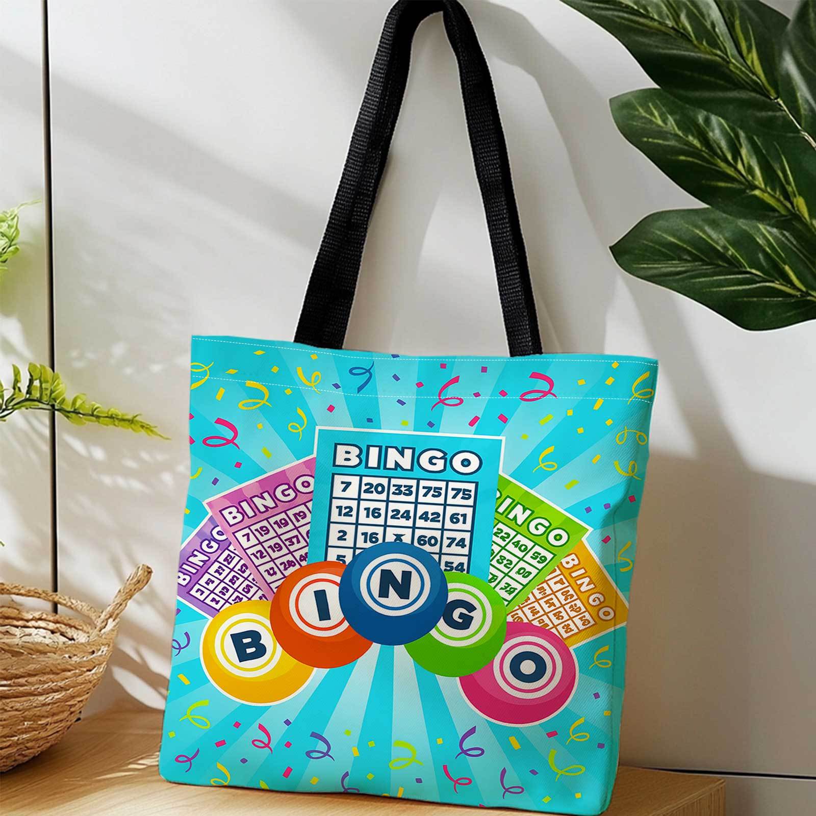 TEMU Sac de courses imprimé double face + Jeu de bingo, coloré, comprenant des billes colorées et des tickets de jeu + Sac de rangement d'épaule