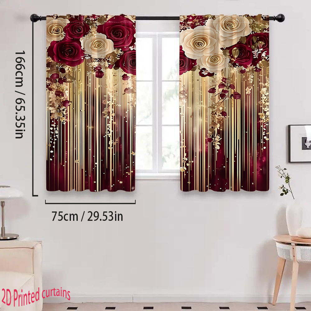 TEMU [2d Flat Printing] 2pcs Red And White Rose Decorative Pattern Curtains, Pocket Curtains, Living Room, Bedroom, Kitchen, Multi-scene Home Decor