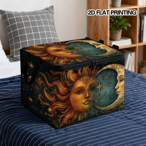 1pc celestial sun moon storage bin with lid elegant 2d flat print rectangular organizer suitable for seasonal clothes blankets car trunk laundry room top container with sun moon 2d flat