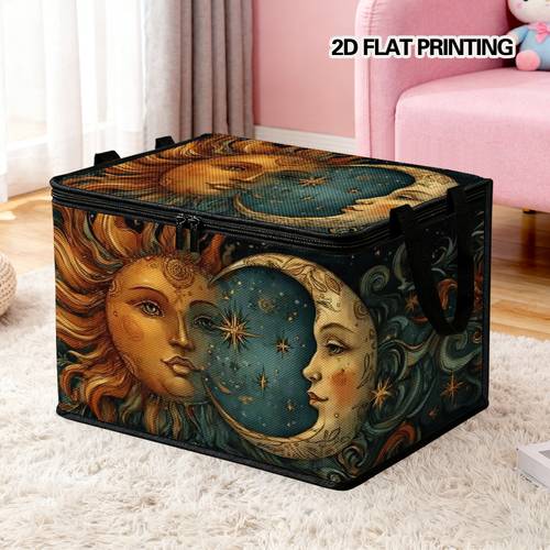 item picture 1pc celestial sun moon storage bin with lid elegant 2d flat print rectangular organizer suitable for seasonal clothes blankets car trunk laundry room top container with sun moon 2d flat
