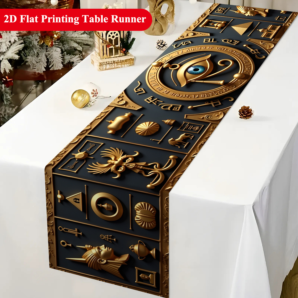 TEMU 1pc Egyptian Table Cover With Hieroglyphics & - Ancient Egypt Themed Polyester Table Runner Suitable For Holiday Parties, Dining Table Decor,