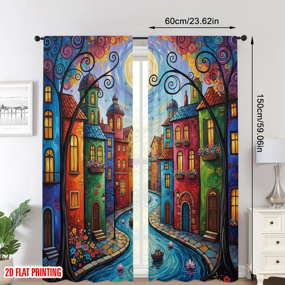 TEMU 2d Flat, 2d Flat Printing 2pcs Drapes Colorful Village Printed Drapes Holiday Decorations Perfect For All Season Celebrations Suitable For