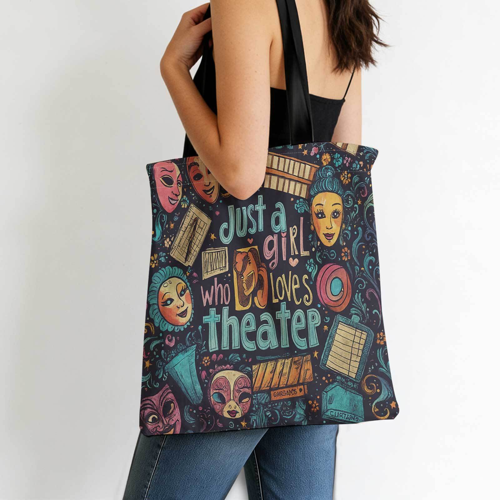 TEMU 1pc Retro Theater Bag With Stage Curtain & Theater Masks Print - Lightweight Tote Suitable For Daily Commuting,, Travel - Just A Who Theater,
