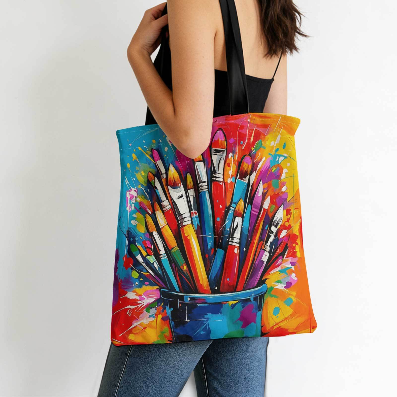 TEMU 1pc Vintage Print Tote Bag - Multicolor Artist Paintbrush & Easel, Lightweight Suitable For Commuting, Shopping, Travel - Hand Washable Bag With