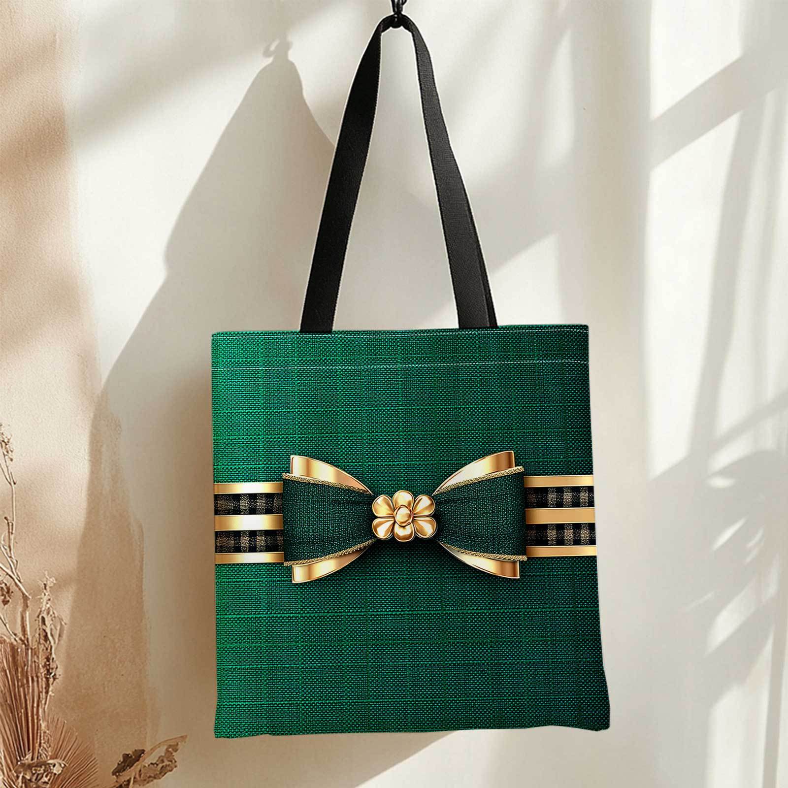 TEMU 1 Lightweight Shoulder Bag + Elegant Bow, Golden Accents, Green Fabric + Machine Washable, Perfect For Commuting, Travel, Shopping, And