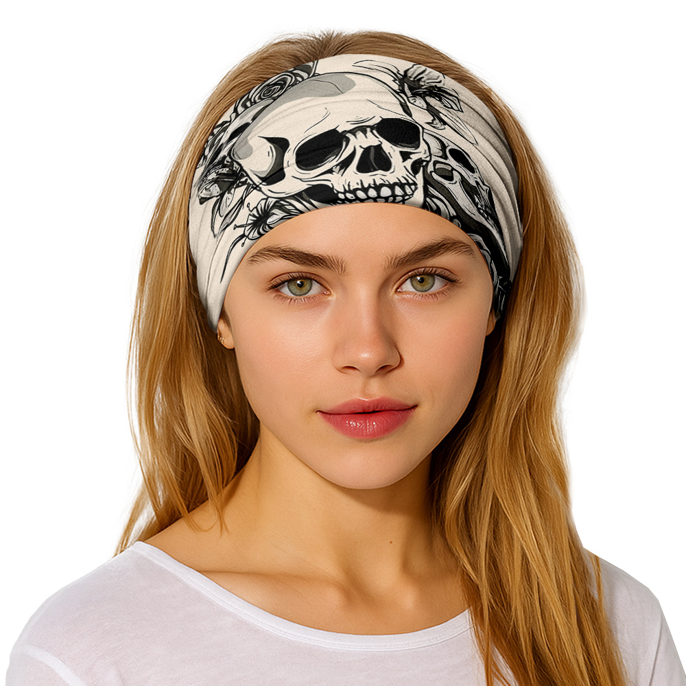 Image of 1pc Skull And Rose Pattern Elastic Wide Hair Band | Breathable And Sweat-absorbing Fabric, Soft Knot Headband Style For Men And Women, Suitable For Yoga/running/cycling, Fashion Hair Accessory