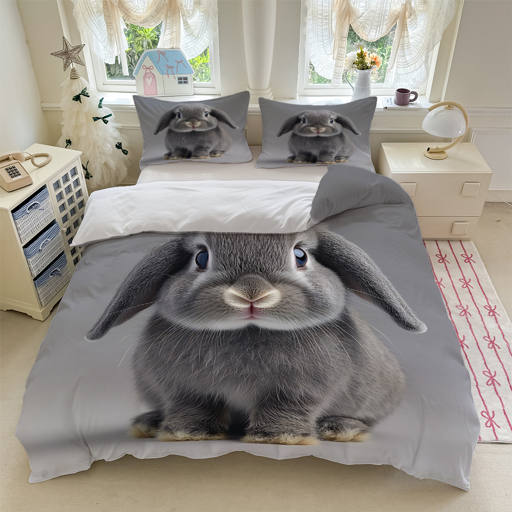 TEMU Bedding Featuring A Rabbit Design On A Gray Backdrop, Including 1 Duvet Cover And 2 Pillowcases (core Not Included). Soft, Comfortable, And