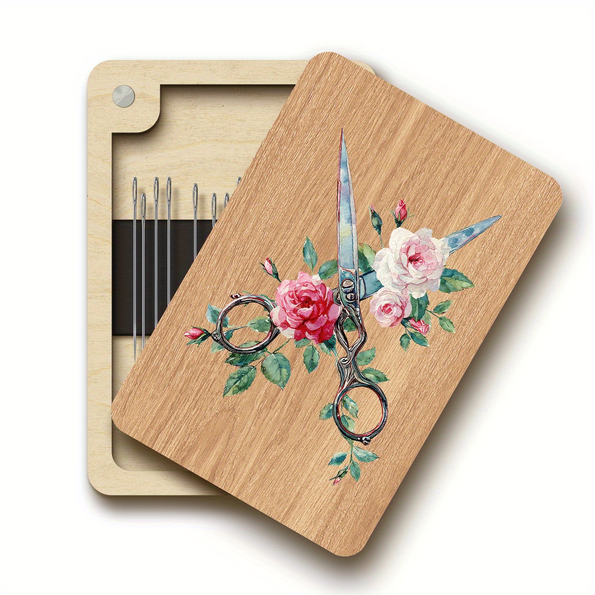TEMU 1pc Magnetic Needle Holder & Storage Box - Gingerwood ( Wood) Sewing Machine-themed Needle Case With Magnetic Lid, Decorative Durable Box For