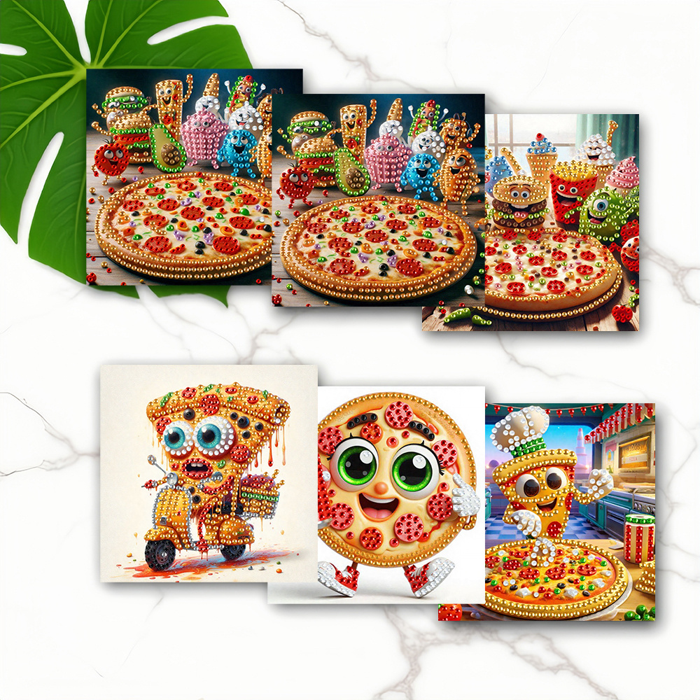 TEMU 6 Unique And Creative Cartoon Pizza-themed Birthday Cards Featuring Fun And Patterned New Year Greetings With Design. Rhinestone Painting Card
