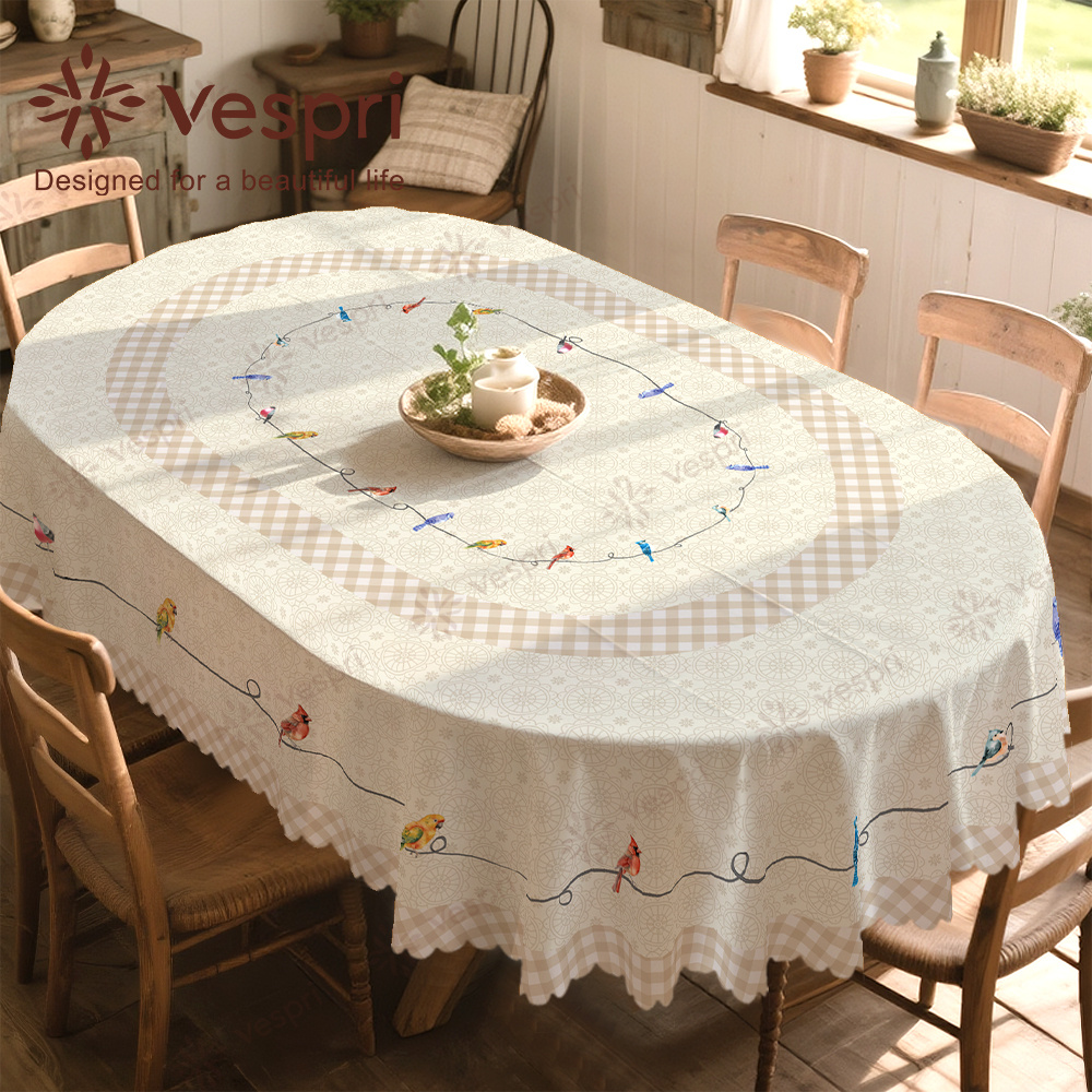 TEMU Spring Floral Tablecloths With White And Beige Decorations, Featuring Birds And . Contemporary Style In Round, Rectangular, And Oval Shapes.