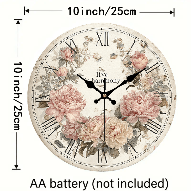 TEMU 2d Flat, 1pc Vintage Roman Wooden Wall Clock, Rustic Floral Decor Silent Round Clock, Perfect Decor For Bedroom, Living Room, Office, Kitchen,