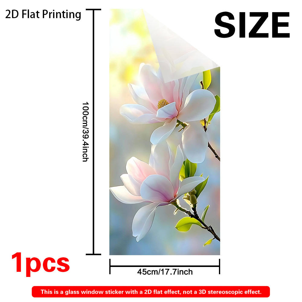 TEMU 2d Flat, 2d Flat Printed 1pc Magnolia Art Window Sticker, Static Cling Frosted Privacy Film – Glue-free Removable Pvc Decoration, Suitable For