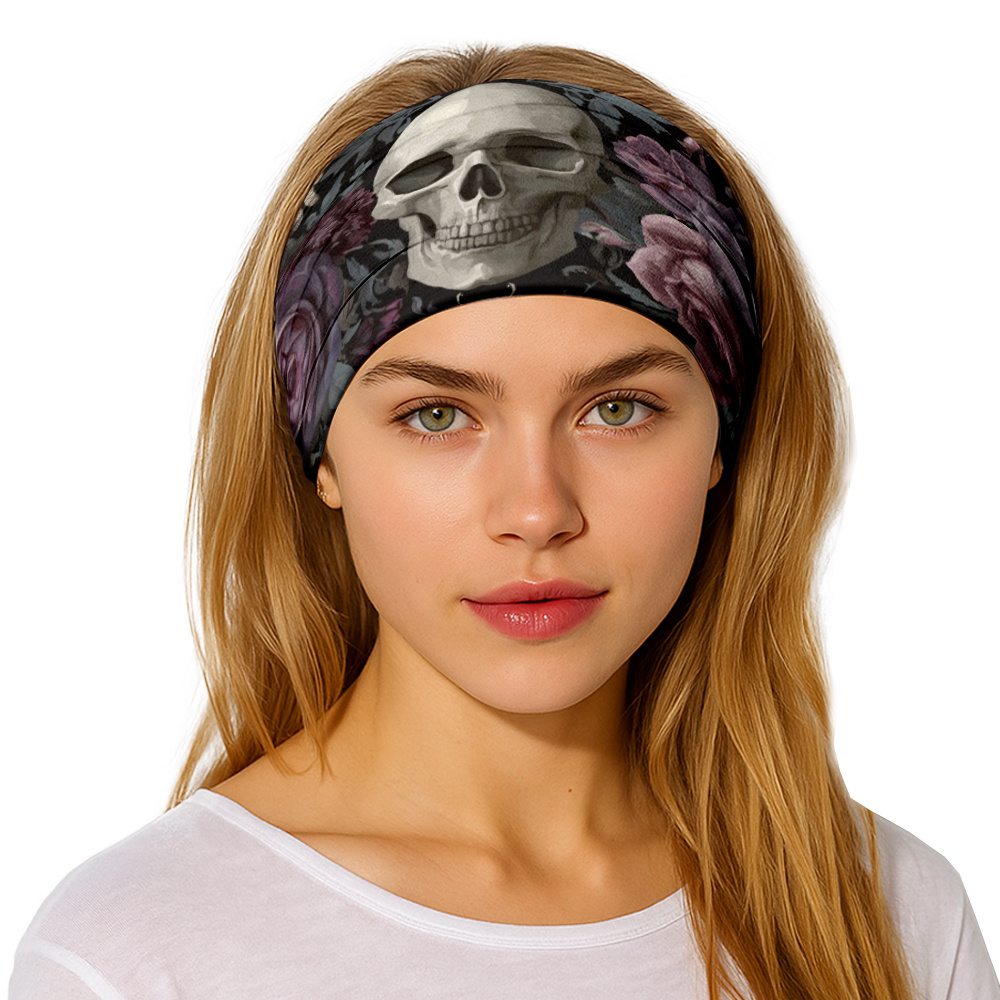 TEMU 1pc Skull And Rose Pattern Elastic Wide Hair Band, Breathable And Sweat - Absorbent Polyester Fabric, Soft Knotted Headband Style For Men And