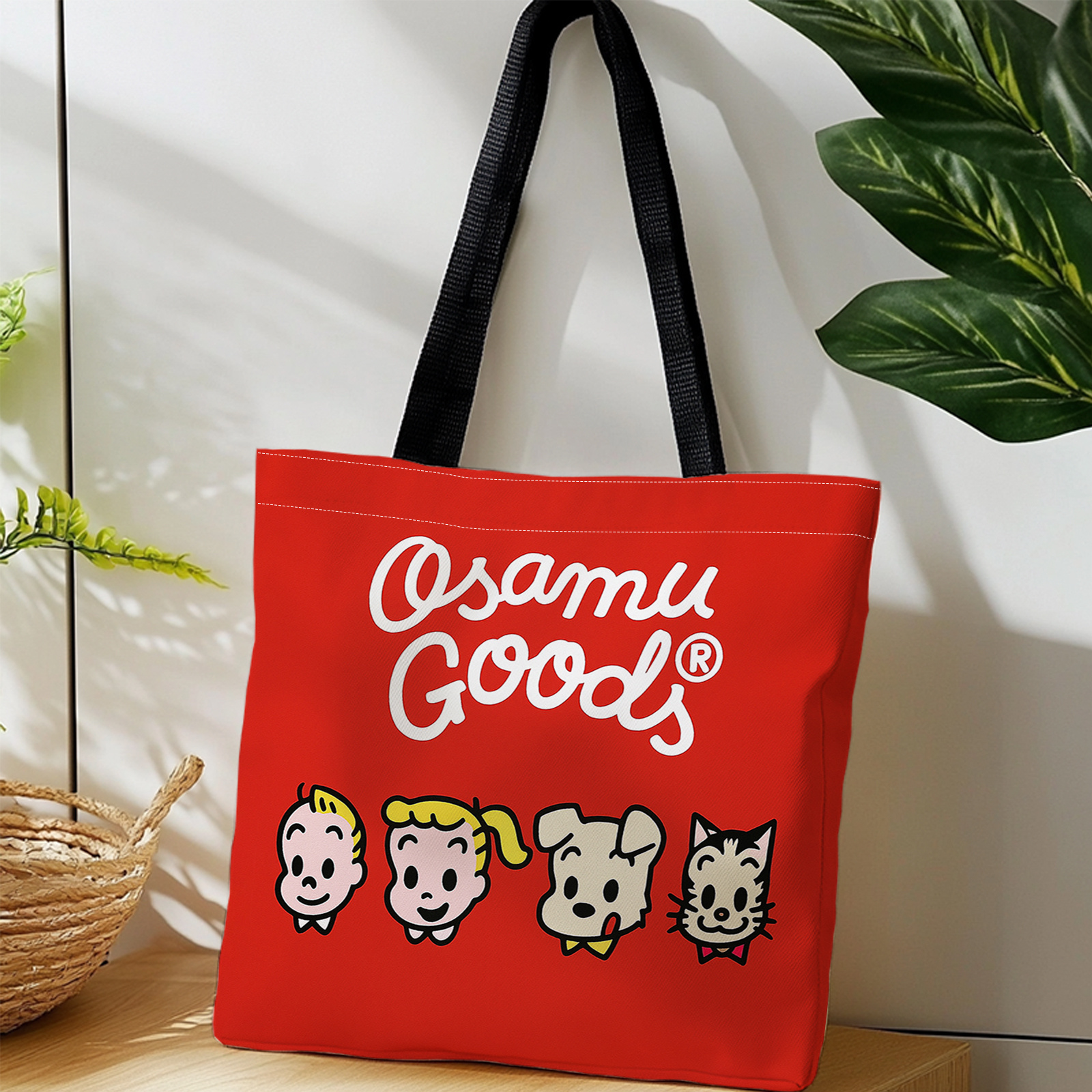 TEMU 빨간 배경에 오사무 굿즈와 만화 캐릭터가 특징인 양면 프린트가 있는 원피스 가방, 직장, 파티, 파트너와 나들이, 해변 쇼핑, 도서관 방문, 여행에 이상적인 튼튼한 대용량 백팩