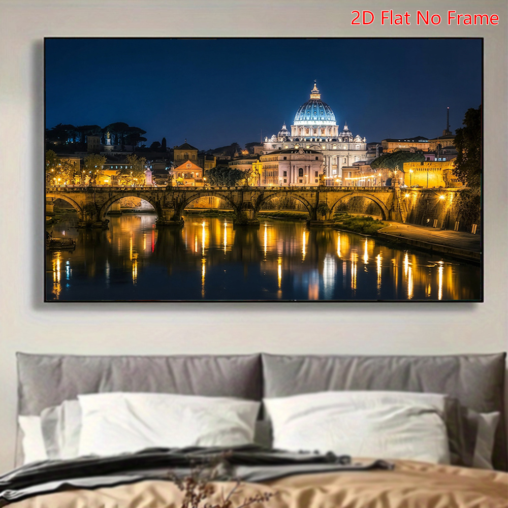 TEMU 2d Flat, 2d Flat, 2d Flat Canvas Artwork Featuring Italy's Temples, Rivers, , And The City At Night, Suitable For Indoor Decoration In Bedrooms.