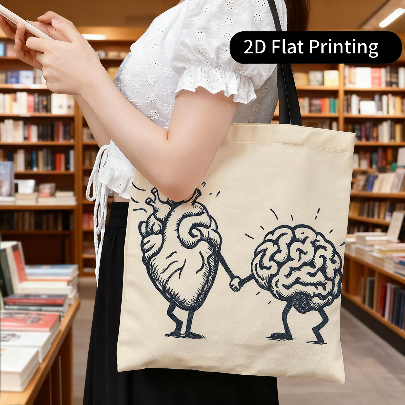 TEMU 1pc Double-sided Printed Handbag, , Holding Hands, . Portable Shopping Bag, Storage Bag, Shoulder Bag, Multifunctional Tote Bag, No Closure,
